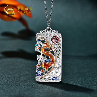 Pure silver enamel dragon and phoenix pendant