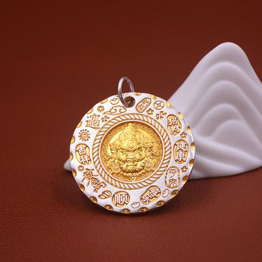 Lucky words Yellow God of Wealth silver pendant necklace