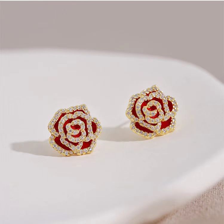 Red camellia earrings