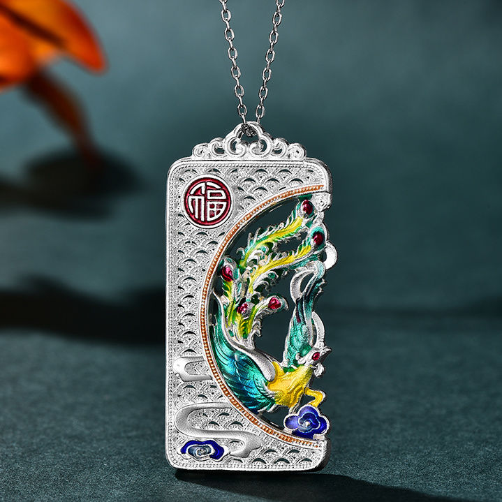 Pure silver enamel dragon and phoenix pendant