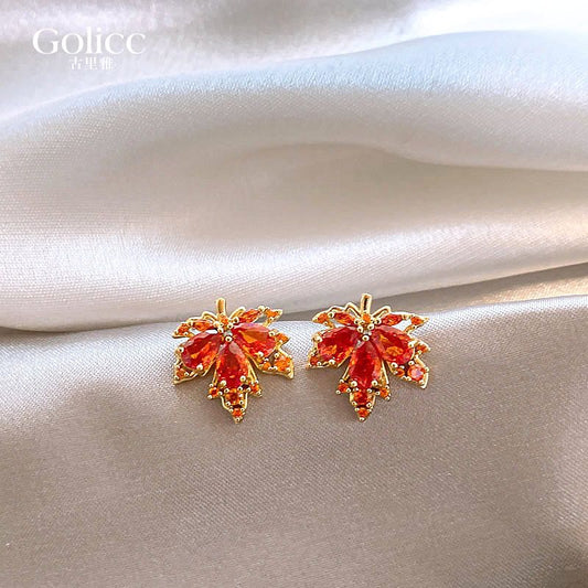 Red maple leaf crystal earrings