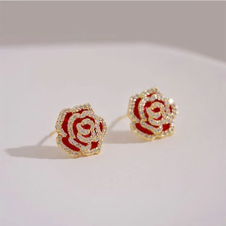 Red camellia earrings