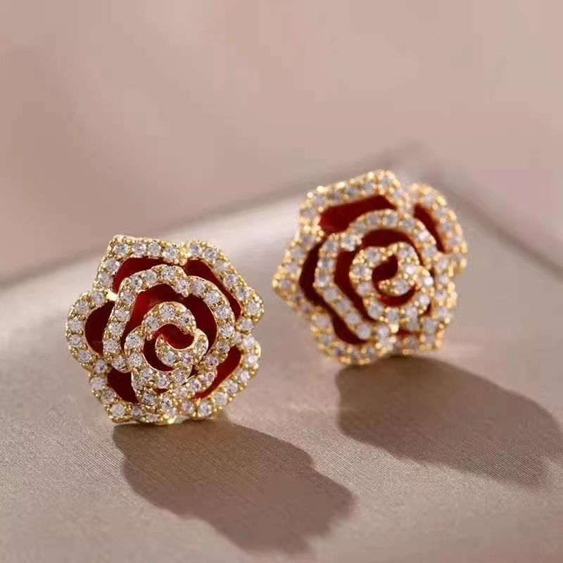 Red camellia earrings