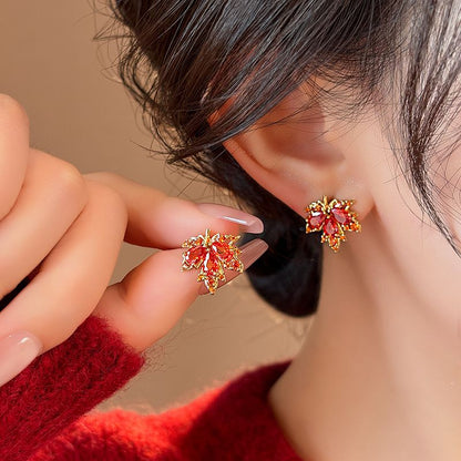 Red maple leaf crystal earrings