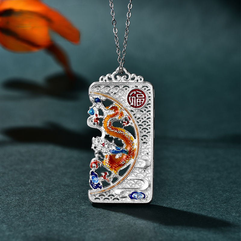 Pure silver enamel dragon and phoenix pendant