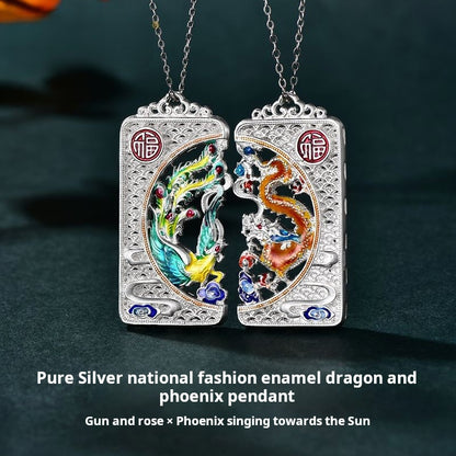 Pure silver enamel dragon and phoenix pendant