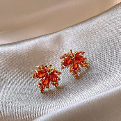 Red maple leaf crystal earrings