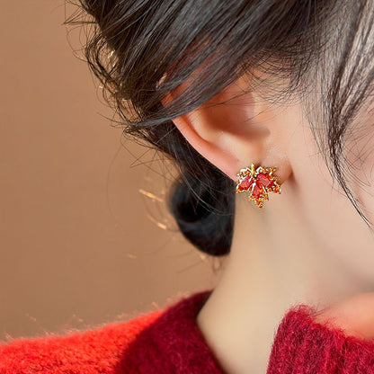 Red maple leaf crystal earrings